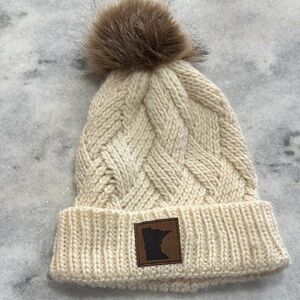 Cream Knit Beanie with Brown Pom